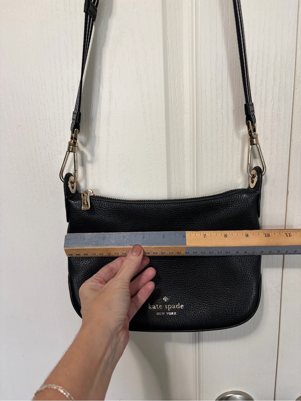 kate spade Black Pebbled Leather Crossbody with Striped Strap Medium Rosie - Picture 9 of 11